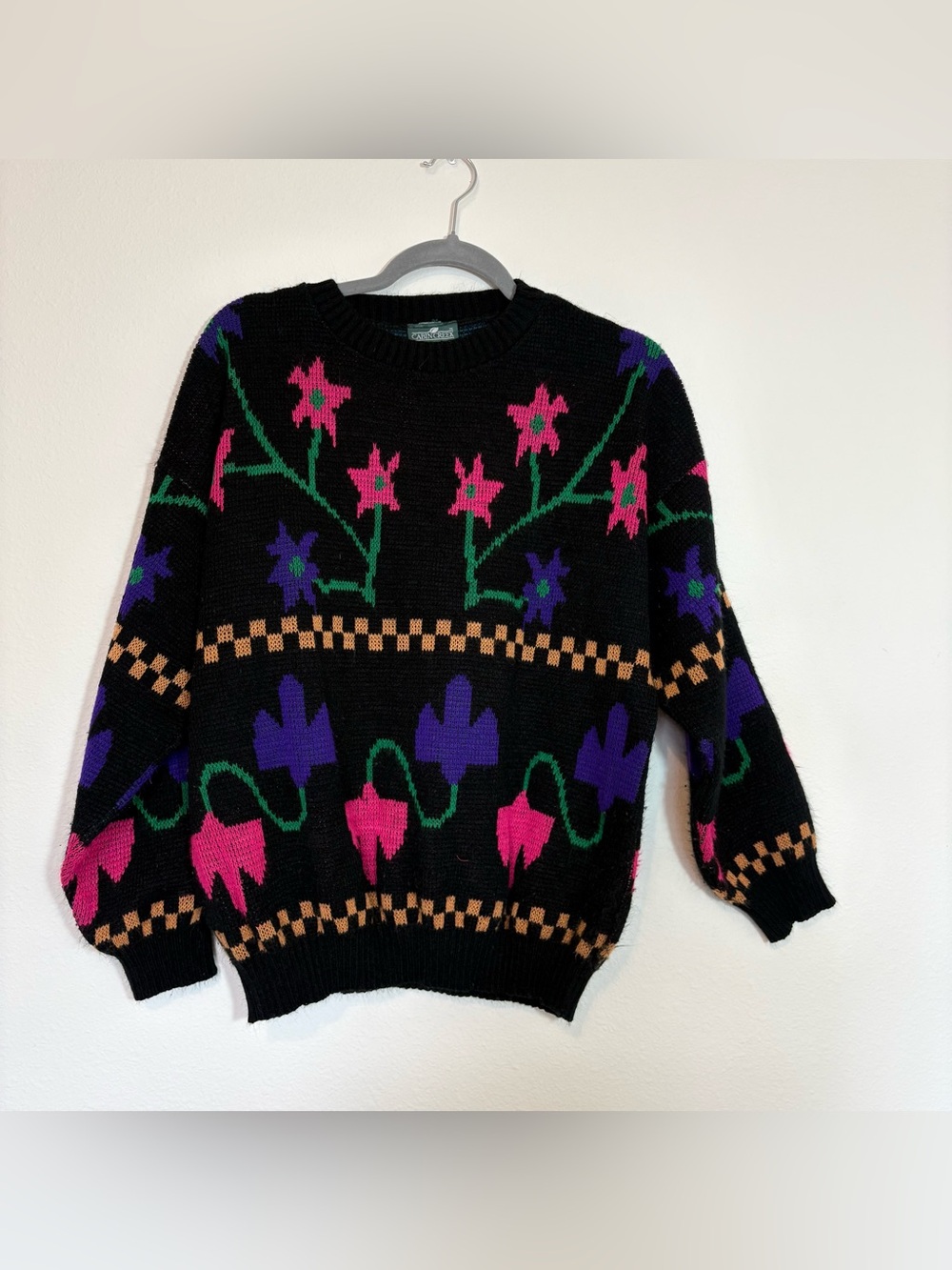 VintageCabin Creek Black Crewneck Sweater with Pink, Purple & Green Floral Motif